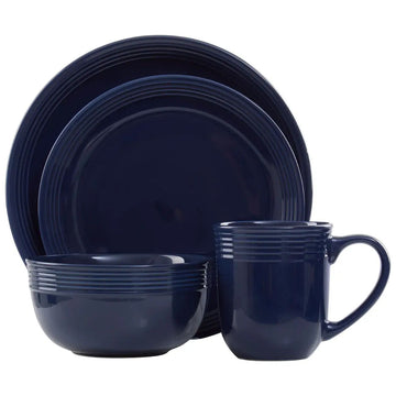 Elvara 16 Piece Dark Blue Stoneware Dinner Set With Grooves
