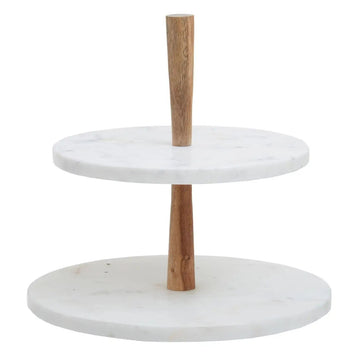 Marenzo Two Tier Marble & Acacia Wood Cake Stand