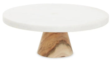 Marenzo Round White Marble & Acacia Wood Cake Stand