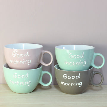 Set of 4 Stoneware Good Morning Wide Mugs