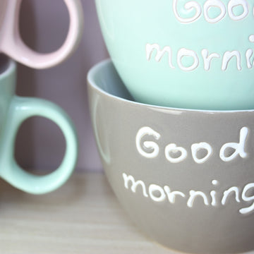 Set of 4 Stoneware Good Morning Wide Mugs