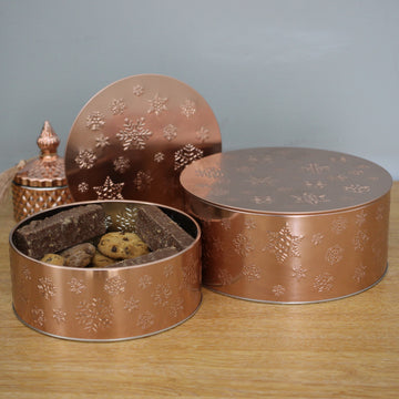 Snowflake Cake Tin Christmas Round Rose Gold Star Storage Xmas Container 2Pcs