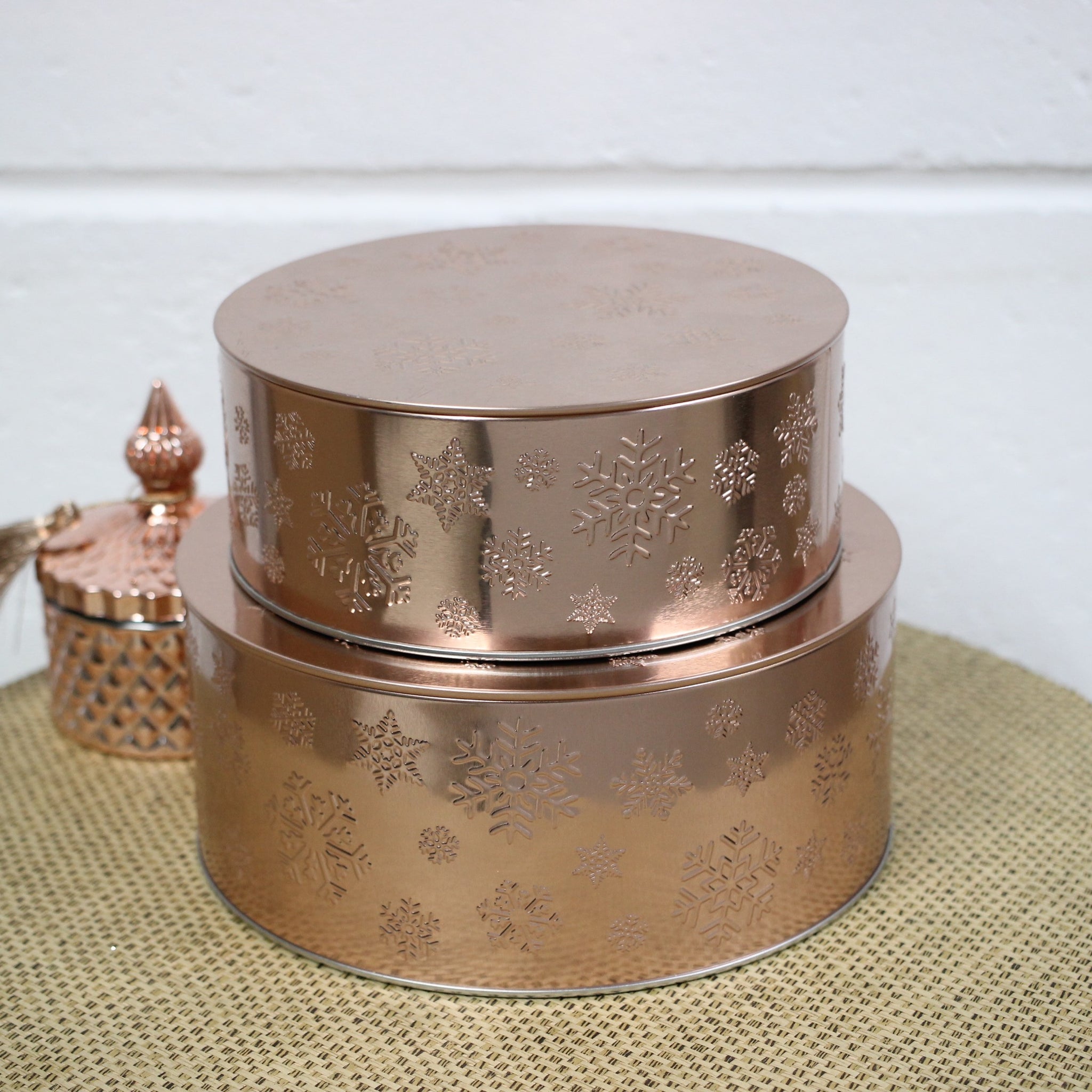 Snowflake Cake Tin Christmas Round Rose Gold Star Storage Xmas Container 2Pcs