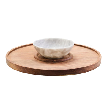 Koro Acacia Wood & White Marble Chip & Dip Platter