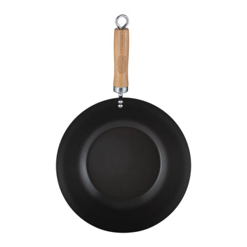 28cm Carbon Steel Induction Black Wooden Handle Wok Cookware