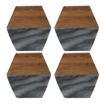 4Pcs Marble Acacia Coaster Half & Half Brown &Grey Tableware