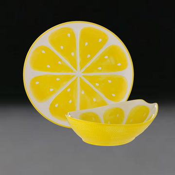 2Pc Lemon Serving Bowl & Round Ceramic Platter