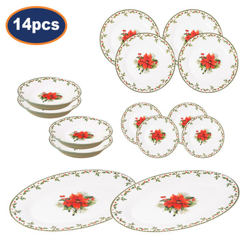 14pcs Porcelain Christmas Plates Bowls Side Serving Platter Set