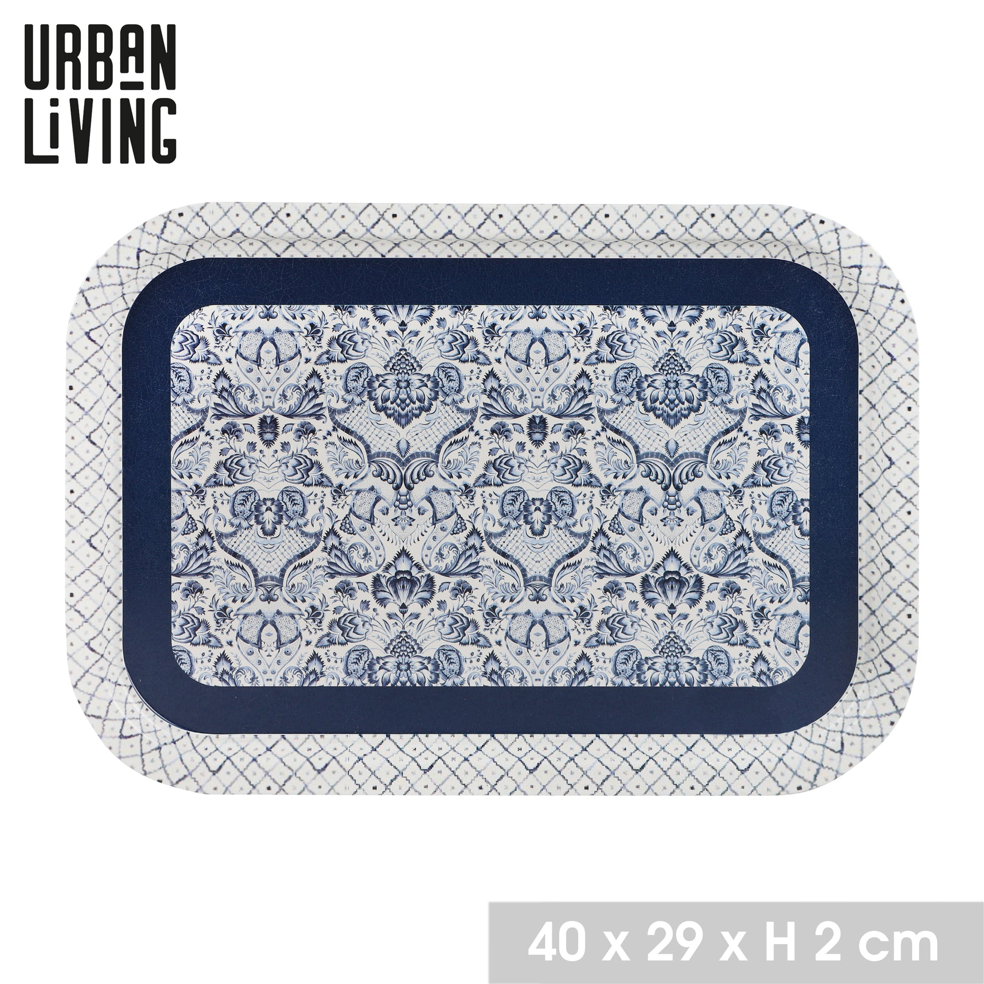 Rectangular Metal Serving Tray  Blue White Abstract Design