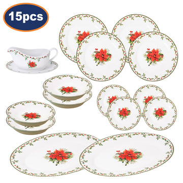 15pcs Porcelain Christmas Plates Bowls Side Serving Platter Gravy Boat Set