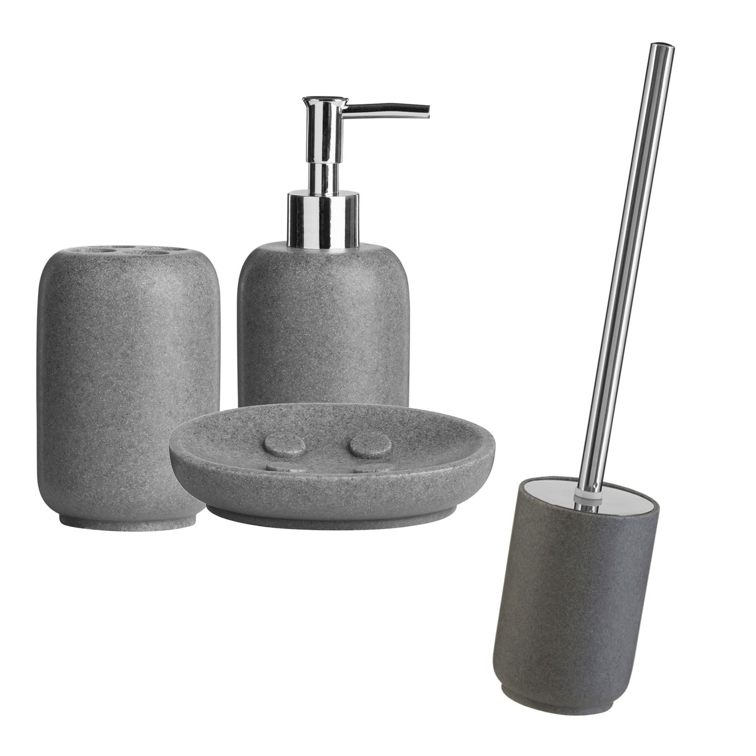 4pc Canyon Grey Dispenser Toothbrush Holder Soap Dish & Toilet Brush Set