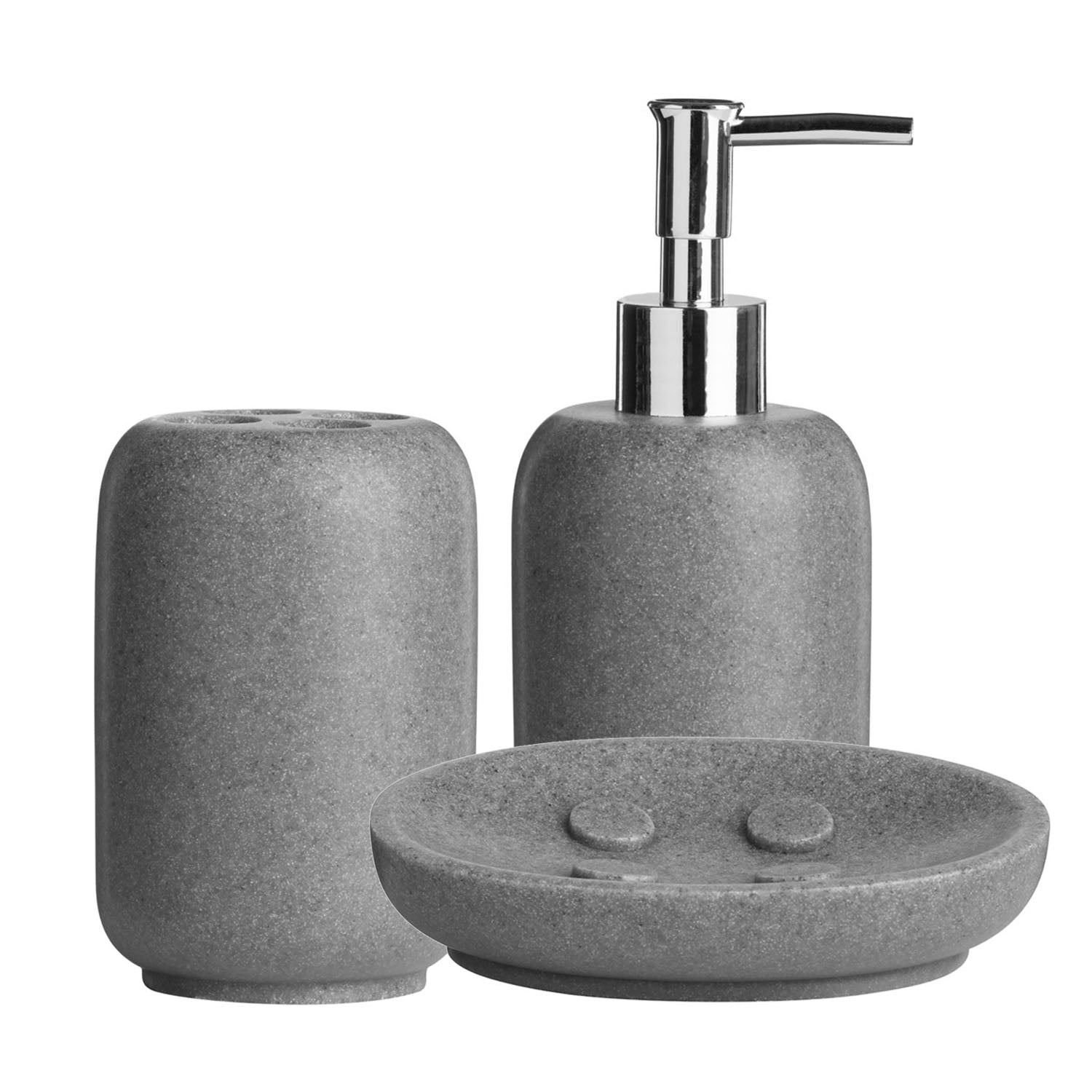 3pc Canyon Grey Stone Toothbrush Holder Soap Dish & Dispenser Set