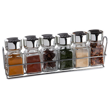 Set of 6 Glass Spice Storage Canisters Rack