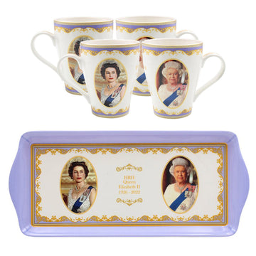Queen Elizabeth II 4pc Mugs & 350ml Medium Serving Tray Commemorative
