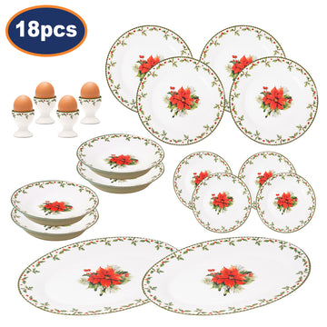 18pcs Porcelain Christmas Egg Cups Dinner & Side Plates Bowls Platters Set
