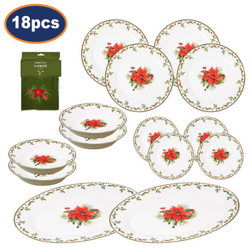 18pcs Porcelain Christmas Dinner Plates Bowls Platters Table Napkins Set