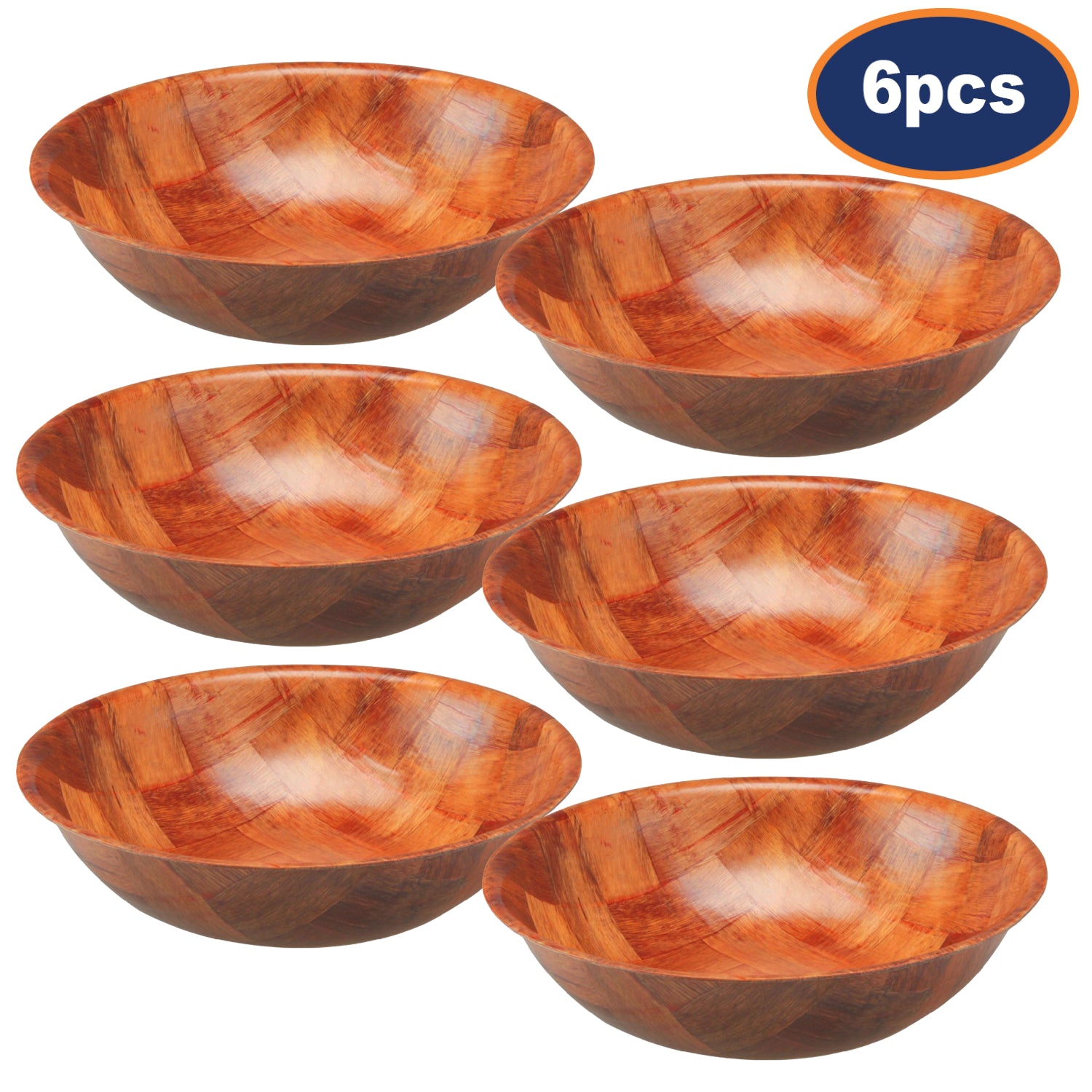 6Pcs 25cm Round Weave Wooden Serving Bowls