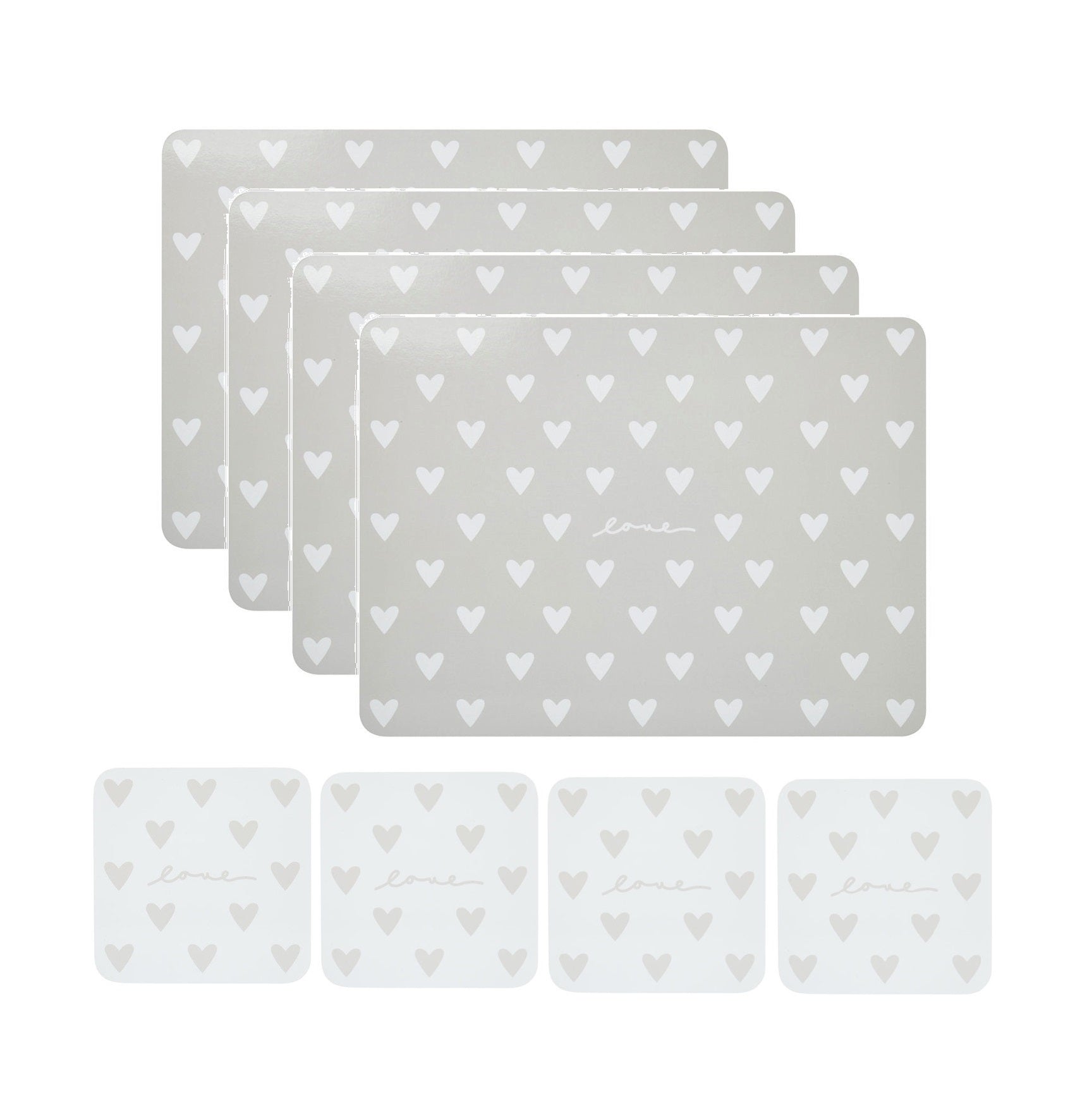 Set of 4 Placemats Coasters Grey Hearts Dining Table Mats