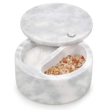 2 Compartment Salt Pepper Spices Cellar Storage Container Swivel Top Marble Bowl