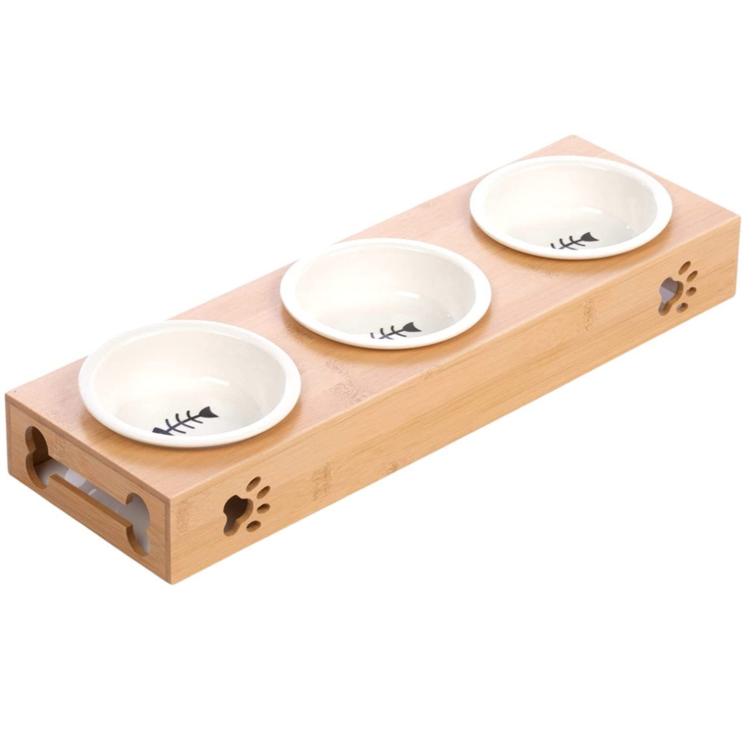 180ml Set of 3 Pet Feeding Station Porcelain Bowl Bamboo Feeder Small Cats Dogs