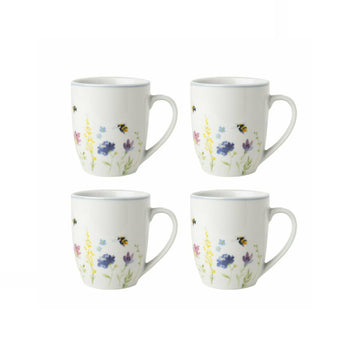 4pcs Mugs Flowers & Bees Design White Set Drinks Cup