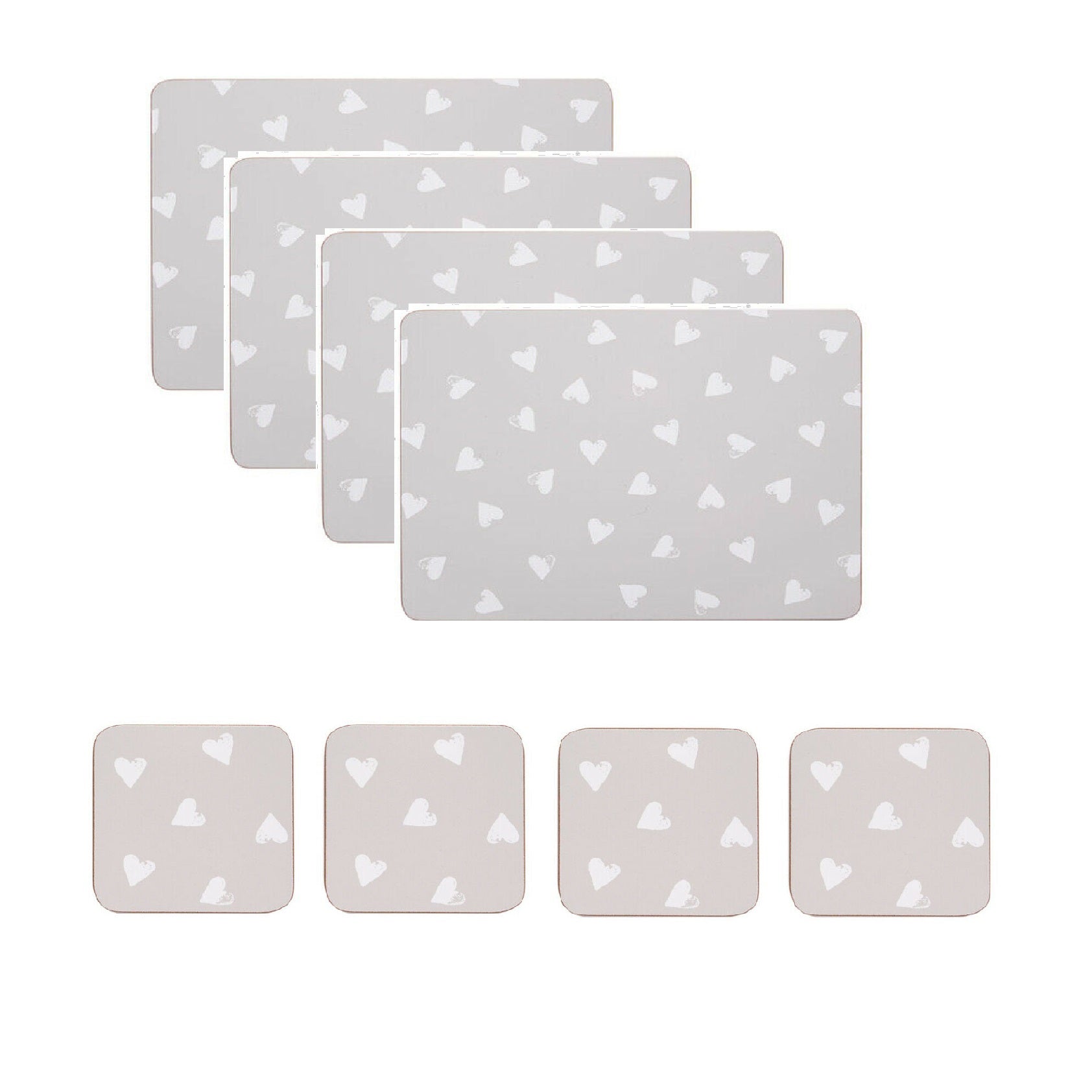 Set of 4 Placemats and Coasters Grey Hearts Dining Table
