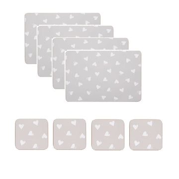 Set of 4 Placemats and Coasters Grey Hearts Dining Table