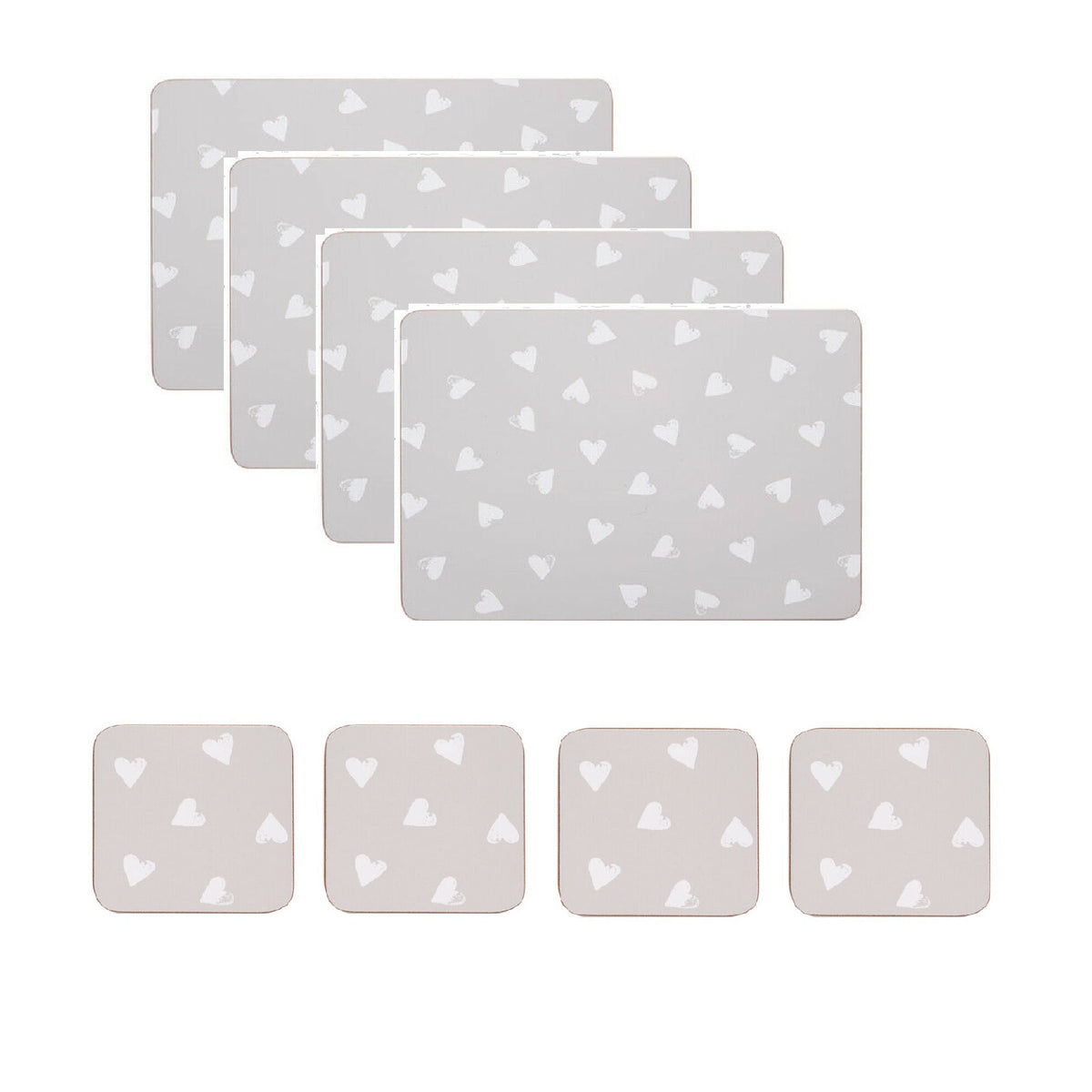 Set of 4 Placemats and Coasters Grey Hearts Dining Table