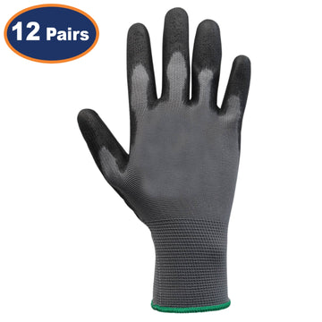 12Pairs Large Grey & Black Non-Slip PU Palm Coated Work Gloves