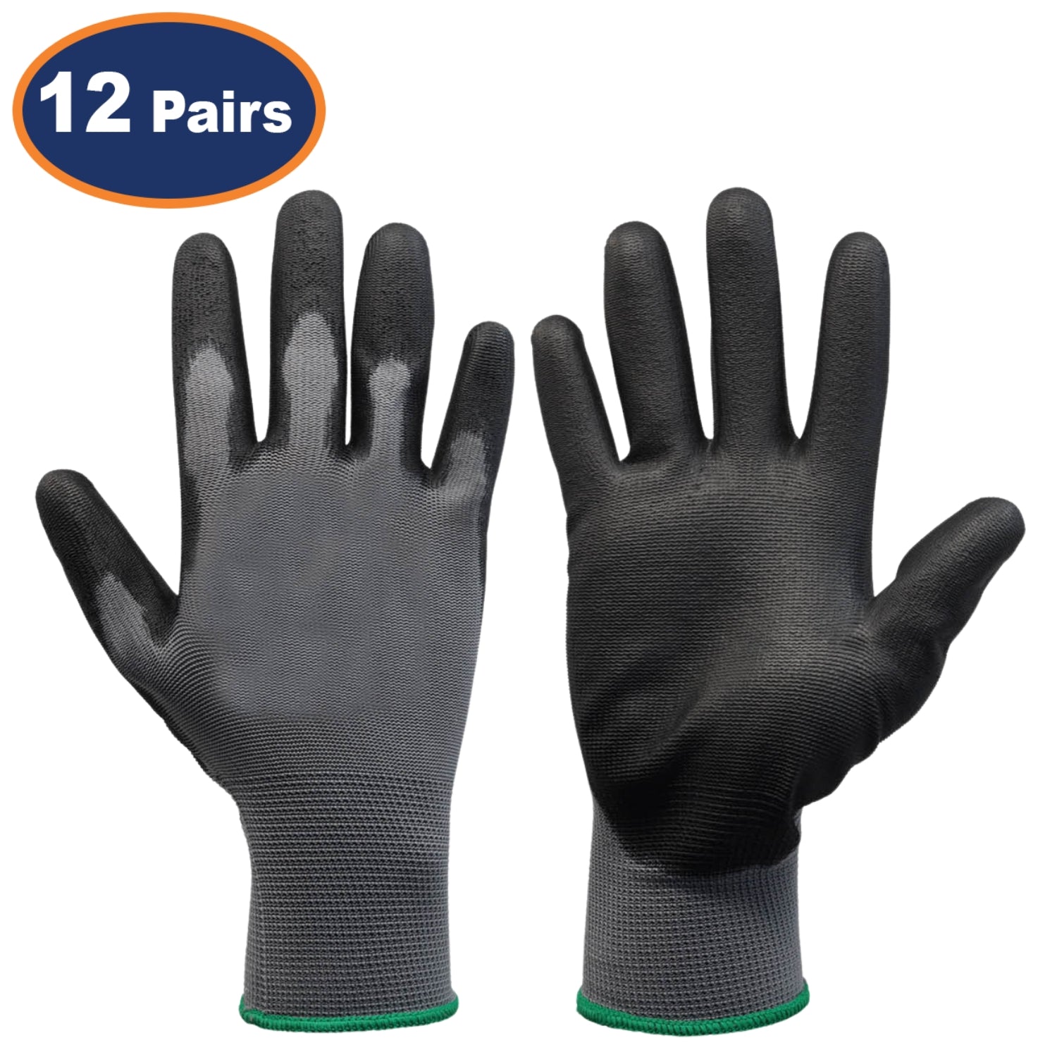 12Pairs Large Grey & Black Non-Slip PU Palm Coated Work Gloves