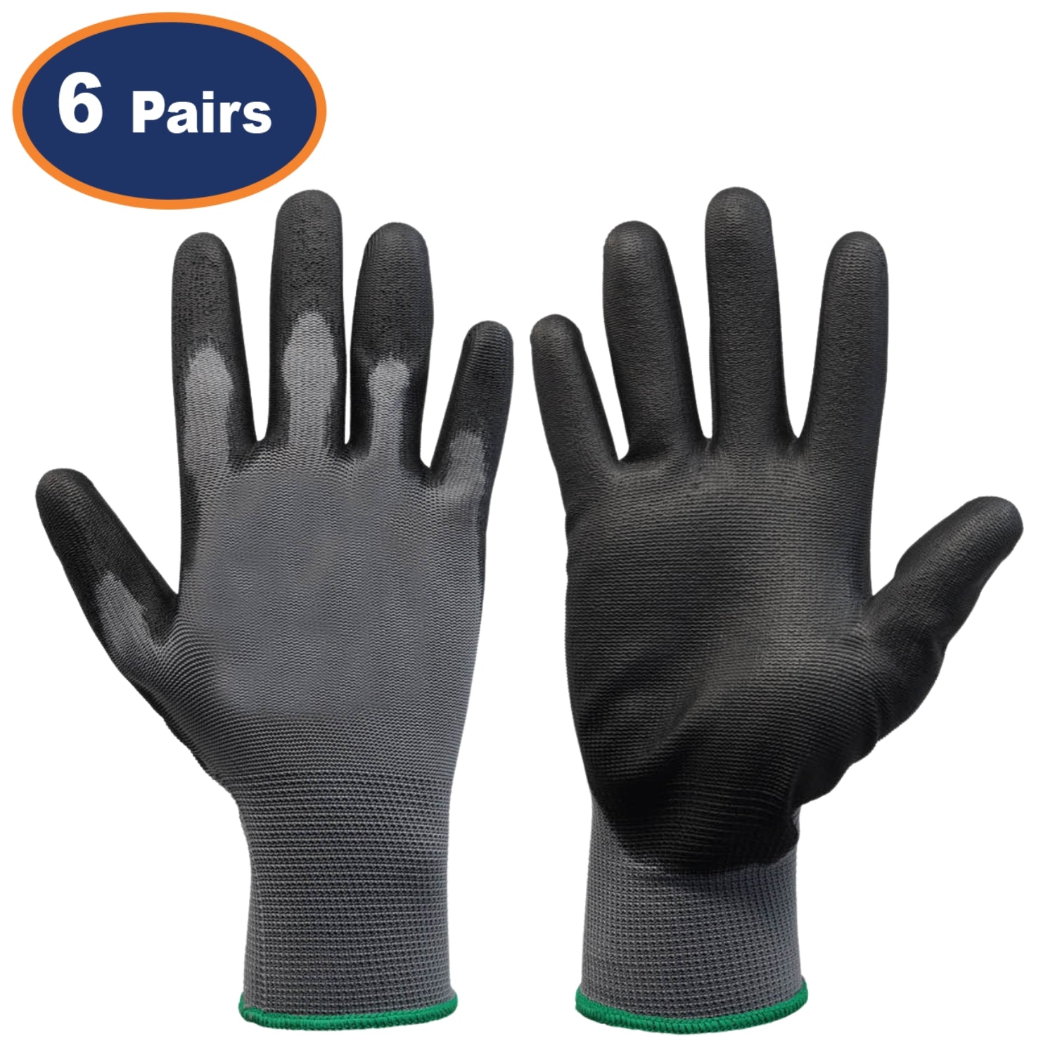 6Pairs Large Grey & Black Non-Slip PU Palm Coated Work Gloves