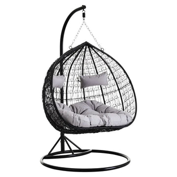 Double Black Rattan Hanging Egg Chair with Round Base
