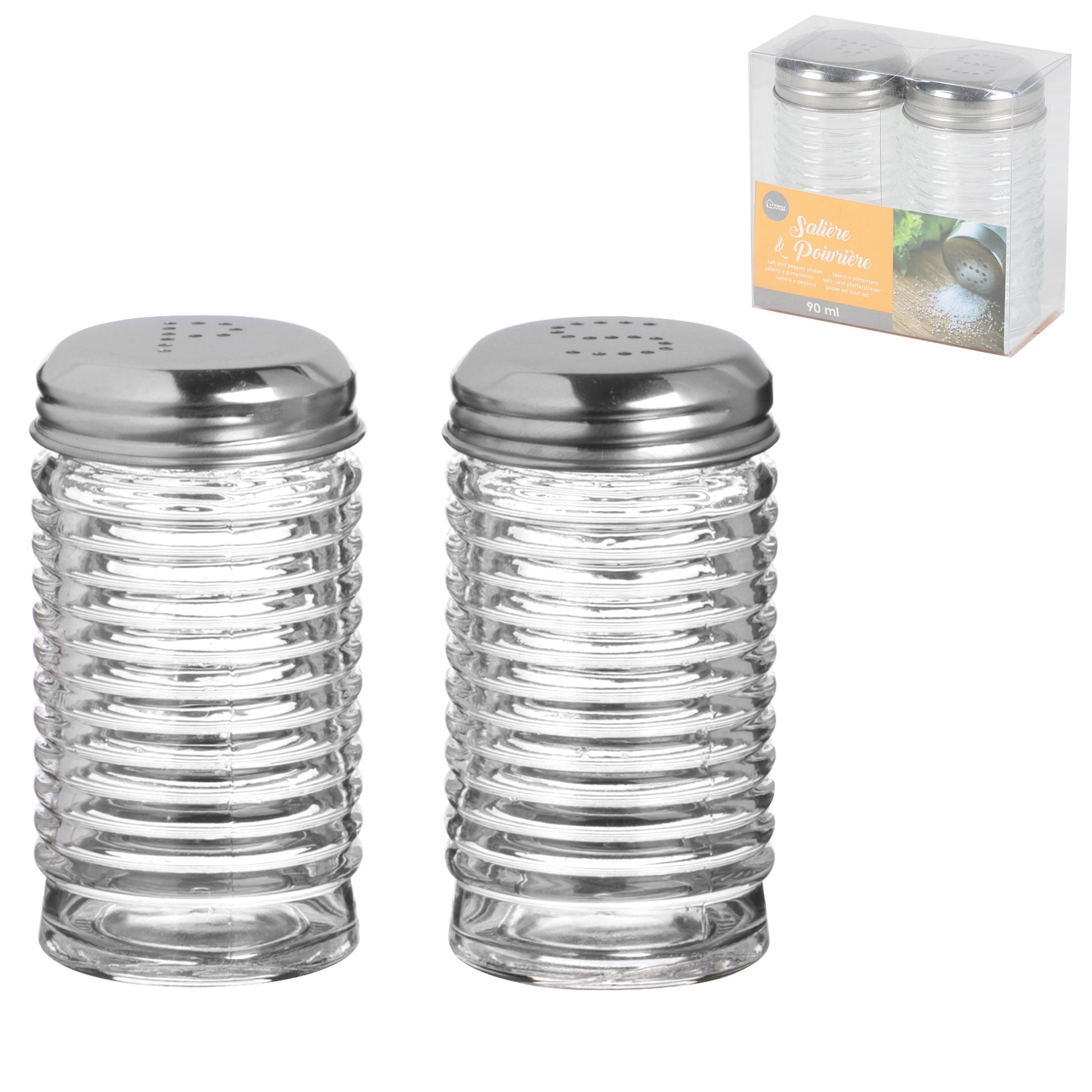 2Pcs Ribbed Glass Salt & Pepper Shakers Set