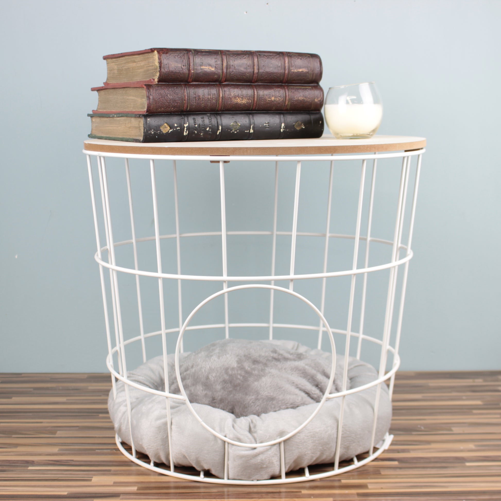 White Round Metal Side End Table Pet Bed Storage