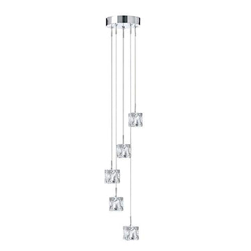 Ice Cube 5 Light LED Glass & Chrome Multi Drop Pendant