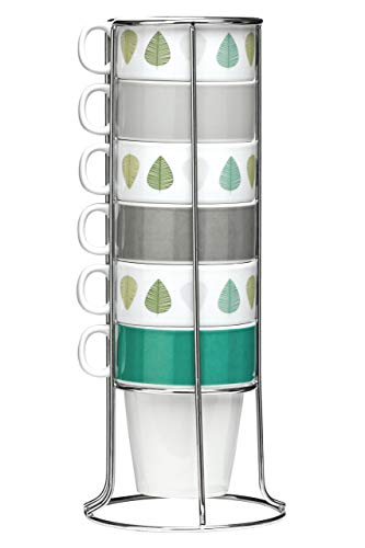 Set of 6 Green Leaf Mugs with Chrome Stand