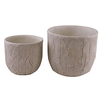 Set Of 2 Cement Plant Flower Planter Pot With Embossed Leaf