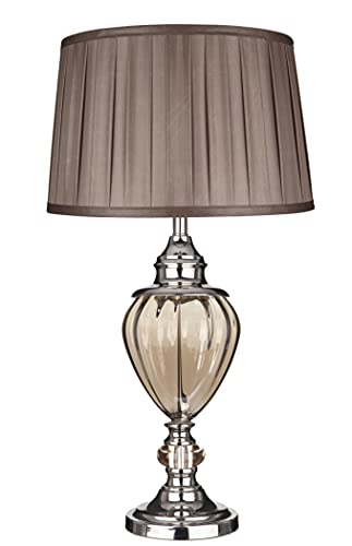 Greyson is a traditional lamp with a contemporary finish. The base features a large amber glass urn with a chrome finish