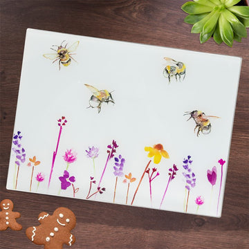 Bees & Flowers Worktop Saver Glass Chopping Board (design by Jennifer Rose)