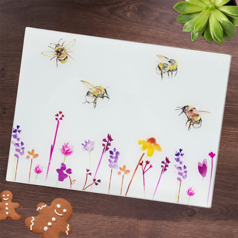 Bees & Flowers Glass Cutting Board (design by Jennifer Rose)
