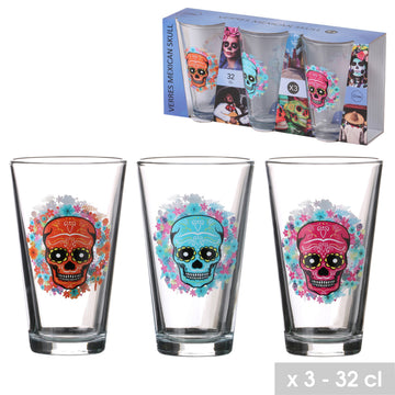 Set Of 3 Glass Tumbler Skull Design