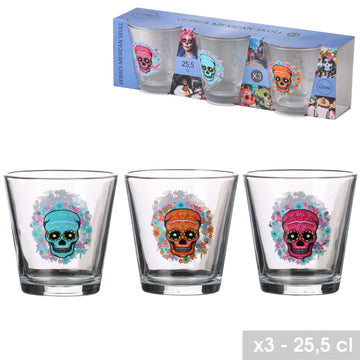 3pc Set of Tumbler Glasses 250ml Skull Dia de los Muertos Design
