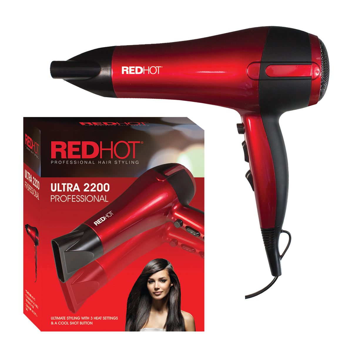 2200W Red Professional Hair Dryer Concentrator Nozzle Cool Shot