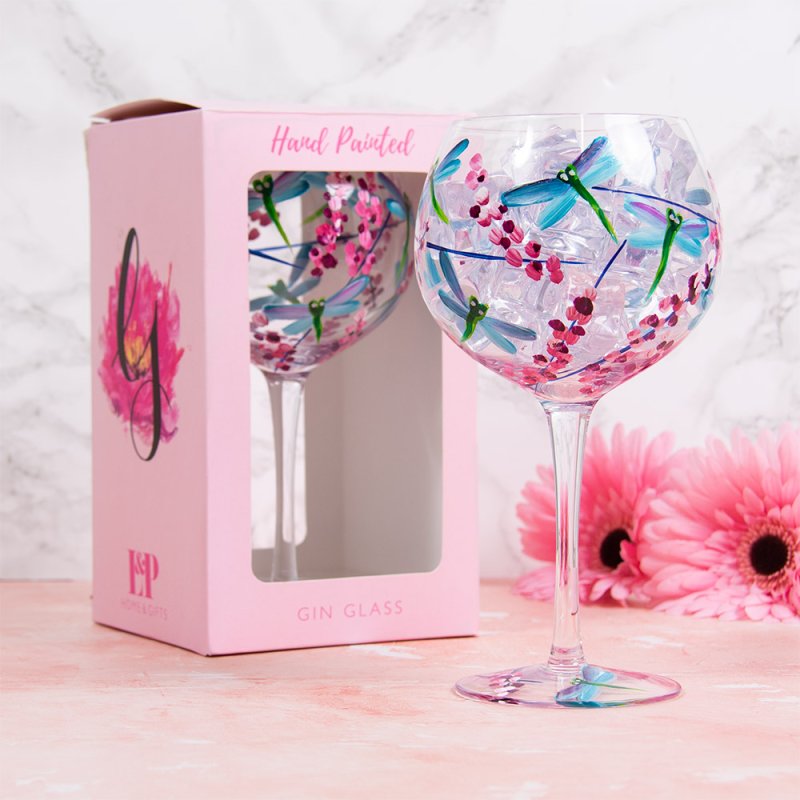 Hand-Painted Dragonfly Floral Wide Gin & Tonic Copa Glass