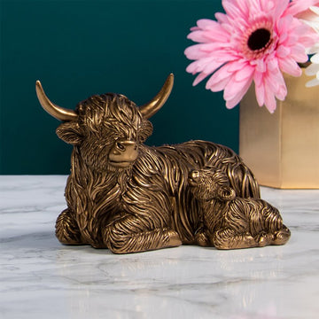 Reflections Bronzed Highland Cow and Calf Figurine