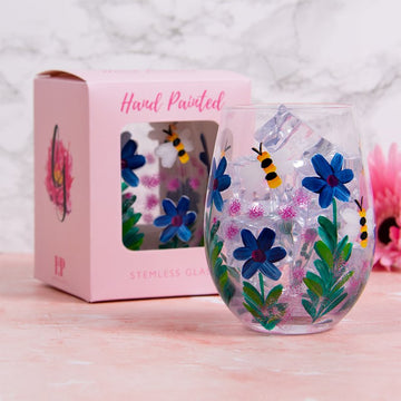 Stemless Gin Glass Hand Painted Design Floral Tumbler