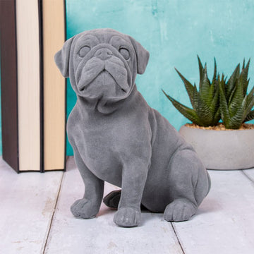Dog Figurine Ornament Pug Sitting Smooth Grey Resin Décor