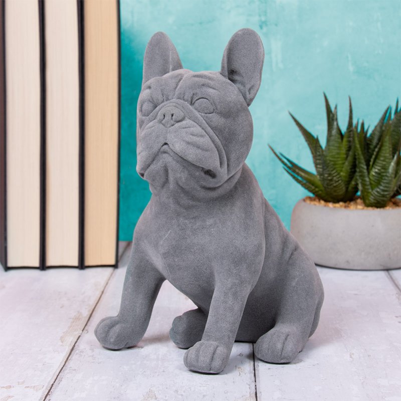 Dog Figurine Ornament Bulldog Sit Velvet Smooth Grey Resin