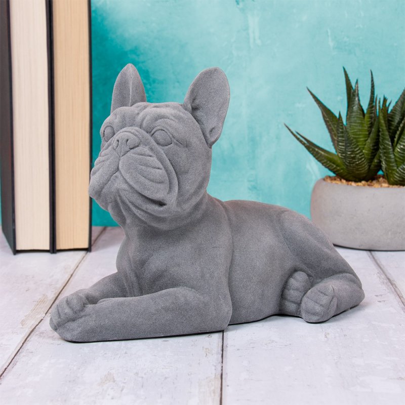 Dog Figurine Ornament Bulldog Rest Velvet Smooth Grey Resin