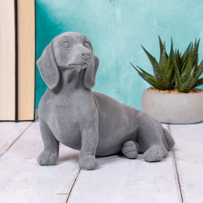 Dog Figurine Ornament Dachshund Sitting Smooth Grey Resin